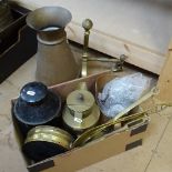 A Japanned tea tin, copper grain scoop, brass-lidded jug, chestnut roaster, ladle and cream skimmer