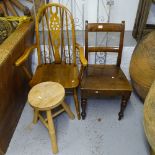 An Ercol wheel-back elbow chair, an Antique oak chair, and a pine stool