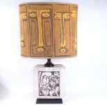 An African Tribal design Studio pottery modernist table lamp, with original shade, overall height
