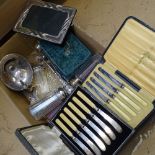 Various cased sets of plated cutlery, silver-topped bottles, spoon warmer etc