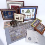 Framed sets of commemorative coins, album of world coins, and various loose coins