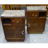 A pair of French marble-top walnut Art Deco bedside cabinets, W45cm, H67cm