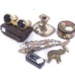 A mixed group of items, including a small 19th century plated chamberstick and snuffer, a Chinese