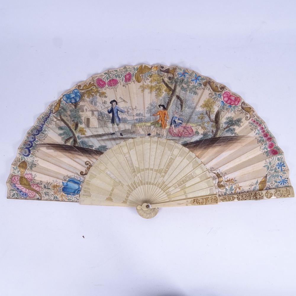 A 19th century Chinese carved and pierced ivory brise fan, hand coloured and gilded engraved