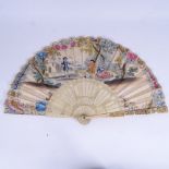 A 19th century Chinese carved and pierced ivory brise fan, hand coloured and gilded engraved
