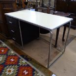 A mid-century Art Deco modernist tubular steel single pedestal desk, in the Bauhaus manner,