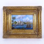 Barbara Valentine, oil on board, the USS Constitution at Rio De Janeiro, overall frame size 23cm x