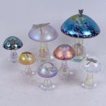 A group of 7 Heron glass mushroom paperweights, largest height 17cm