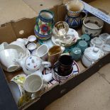 Various ceramics, including egg coddling set, Spanish jug, tea set etc (boxful)