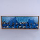 Mid-century abstract oil on board, long blue bridge, unsigned, framed, overall 32cm x 90cm