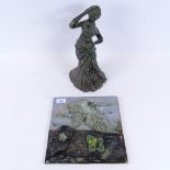 Glazed clay sculpture of a lady, by Lynne Summerfield, 30cm, and 2 Studio pottery plaques