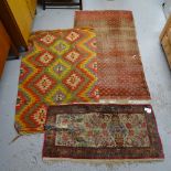 A flatweave Kilim rug, 145cm x 95cm, a silk Persian design rug, 110cm x 55cm, and a red ground rug