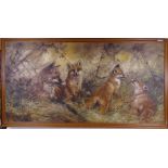 Mick Cawston, oil on canvas, fox cubs, 1986, framed, overall 69cm x 129cm