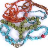 A large turquoise necklace, a carnelian necklace etc