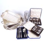 Cased plated cutlery, entree dishes, a cocktail shaker etc