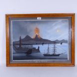 19th century Italian School, gouache on paper, Vesuvius erupting, unsigned, maple framed, overall