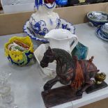 A Staffordshire ironstone wash jug and basin, Studio pottery wall pocket, pottery Tang style horse