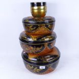 Nesting set of 3 lidded baskets with lacquered and gilded decoration, largest diameter 32cm, and 5