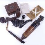 A small brass-mounted telescope tripod stand, BOAC pen holder, leather pipe cases etc (boxful)