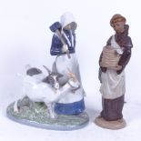 A Royal Copenhagen porcelain group of lady with goats, and a Lladro figure of monk, model 2202,