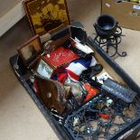 A box with metal stands, a cauldron, marquetry pictures, bellows etc