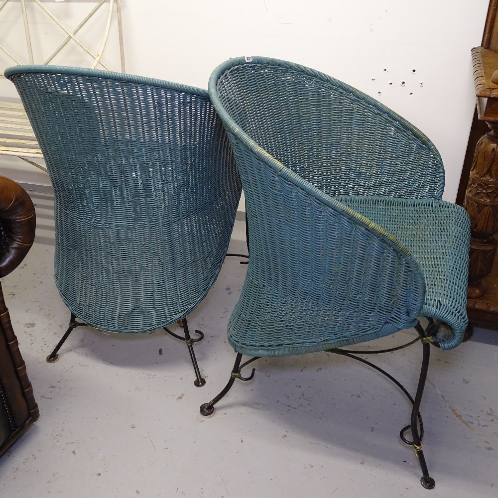 A pair of art deco style painted wicker garden tub chairs, on scrolled wrought-iron legs - Image 2 of 2