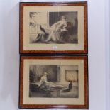 E Laudy, pair of lithographs, women with cats, signed in pencil, image 12" x 18", framed