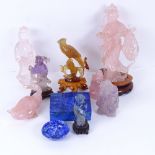 Various Oriental stone carvings and figures, including rose quartz Guanyin, lapis and alabaster