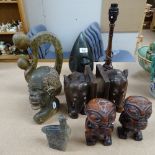 Various African Tribal items, including green soapstone head carving, by T Mondoka, pair of carved