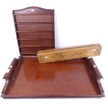 A wooden cigar press, a mahogany tea tray, and a wall display rack (3)