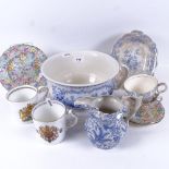 Vintage chintz teaware, blue and white transfer printed chamber pot and jug etc