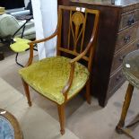 A Sheritan style satin-walnut strung elbow chair with upholstered seat, square tapered legs and