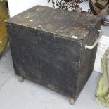A Vintage stained wood wheeled toolbox, W71cm, H70cm, D50cm