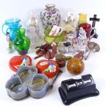 Whitefriars small glass jugs, a cranberry jug, 9.5cm, doll's shoes, lead animals etc