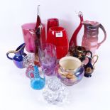 Art glass vases, and a bird, height 32cm, Maling Ware jug etc