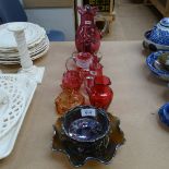 A group of 19th century cranberry glass, and 2 Carnival iridescent glass bowls