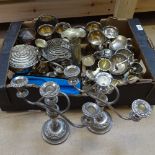 A tray of plated ware, to include goblets, candelabras, egg cup set, rose bowls etc