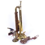 A brass bugle with original rope, a copper powder flask, and a horn flask, bugle length 43cm (3)