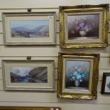 H W Hicks, pair of gouache painting, moorland landscapes, and Robert Cox, pair of oils, still lives,