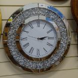 A modern circular mirror panel and crystal set quartz wall clock, overall diameter 50cm