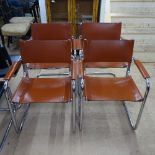 A set of 4 Mart Stam Bauhaus style cantilever armchairs, in tubular steel and tan leather