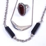 N.E. FROM - 2 sterling silver necklaces, 1 set with black stones, and a modern silver and amber ring