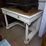 An Antique painted and gilded console table, with single frieze drawer and barrel turned legs,