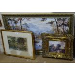 Colour print, sheep in landscape, in ornate frame, overall 42cm x 46cm, and 2 other framed prints (