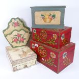 A group of hand painted wood boxes, letter rack etc, largest box width 34cm (5)