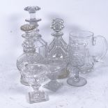 A group of Georgian and later glass, including 4 cut-glass decanters, 2 table salts, and a heavy