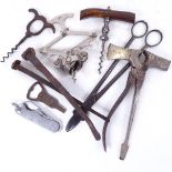 Various Antique tools, Stahl multi-function instrument, corkscrews etc