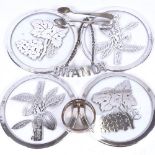 A set of 4 silver overlay glass coasters, silver tongs, decanter labels etc