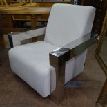 An Eichholtz Franco lounge chair, with polished stainless steel arms, and maker's label