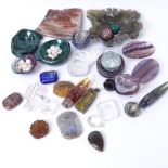 Various semi precious and hardstone carvings, including amethyst and malachite dishes, rock